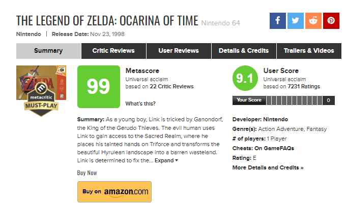 Ocarina Of Time Metacritic Puanı
