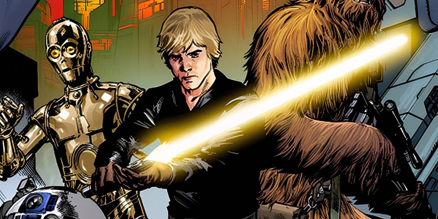 Luke Skywalker with Chewie, C-3PO, and R2-D2 wielding his yellow lightsaber.