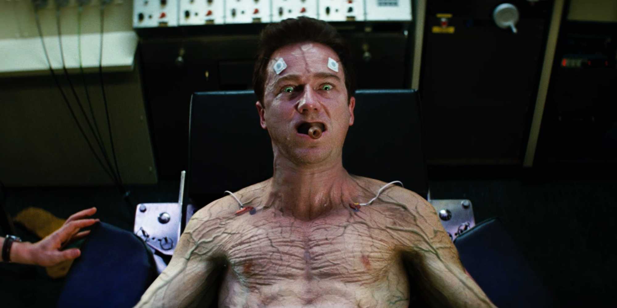 Edward Norton as Bruce Banner beginning a transformation in The Incredible Hulk (2008)