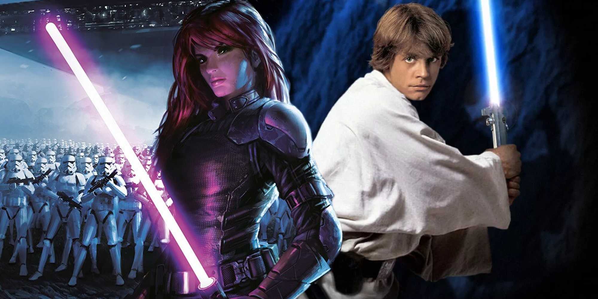 Star Wars Luke Skywalker and Mara Jade holding lightsabers
