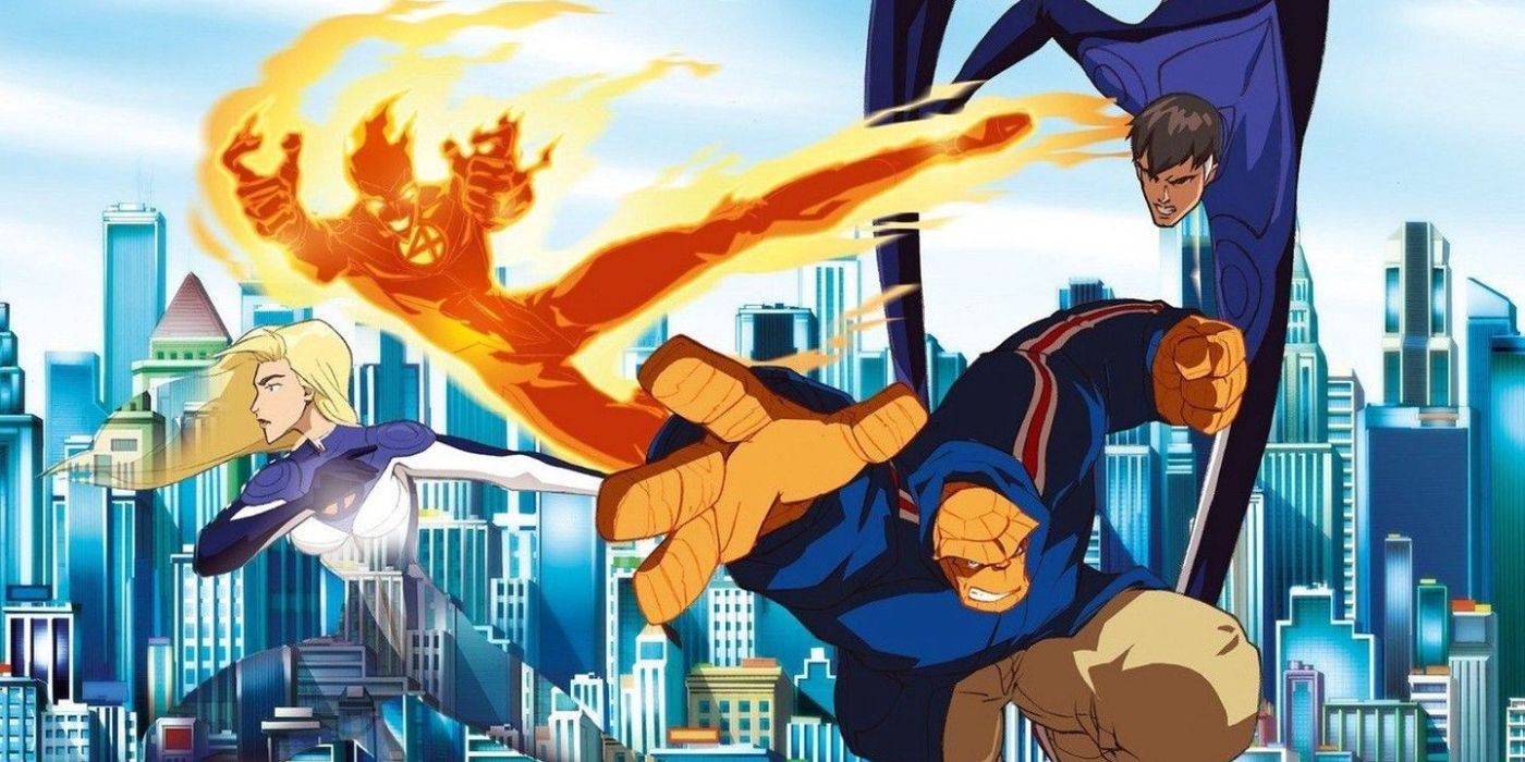 The Fantastic Four in mid-air action stances in Fantastic Four World