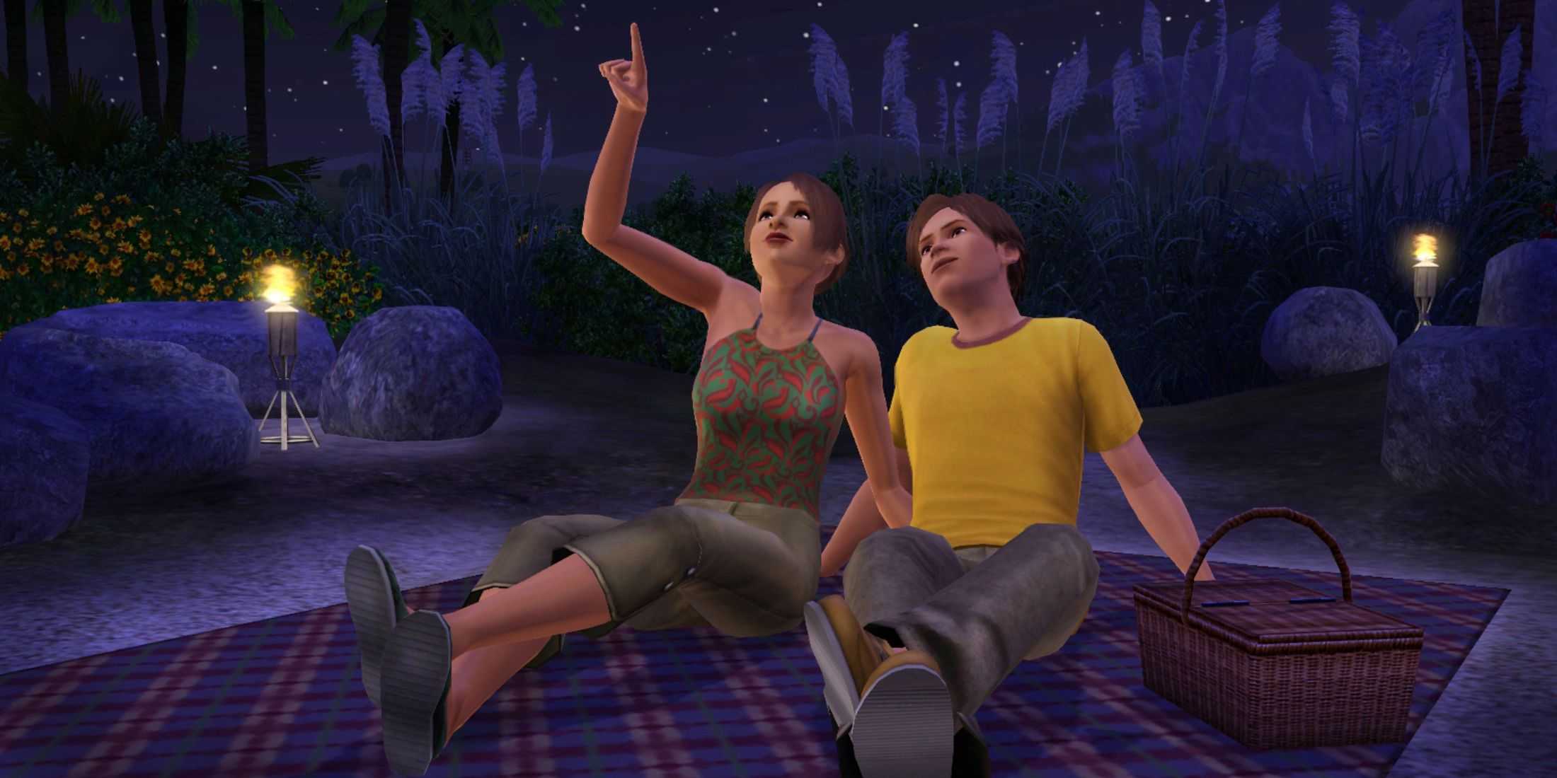 a couple stargazes on a picnic night from the sims 3 generations expansion 1