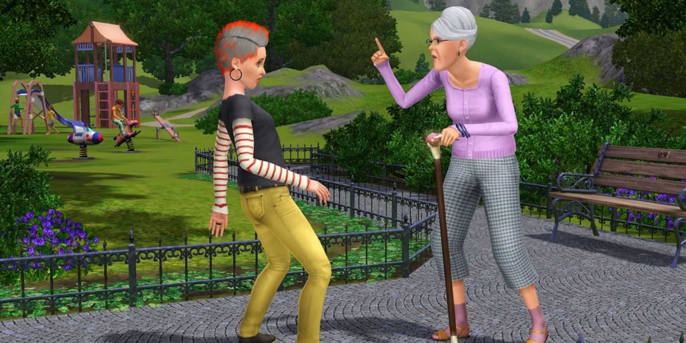 an elder argues with a punk at the park in the sims 3 generations expansion 1