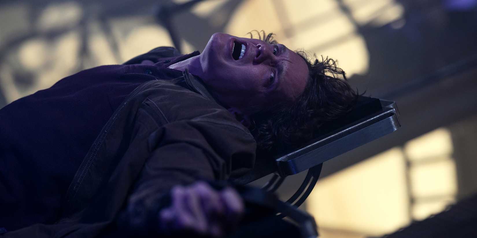 hunter doohan as tyler looking angry while locked in a device in wednesday season 2 part 2