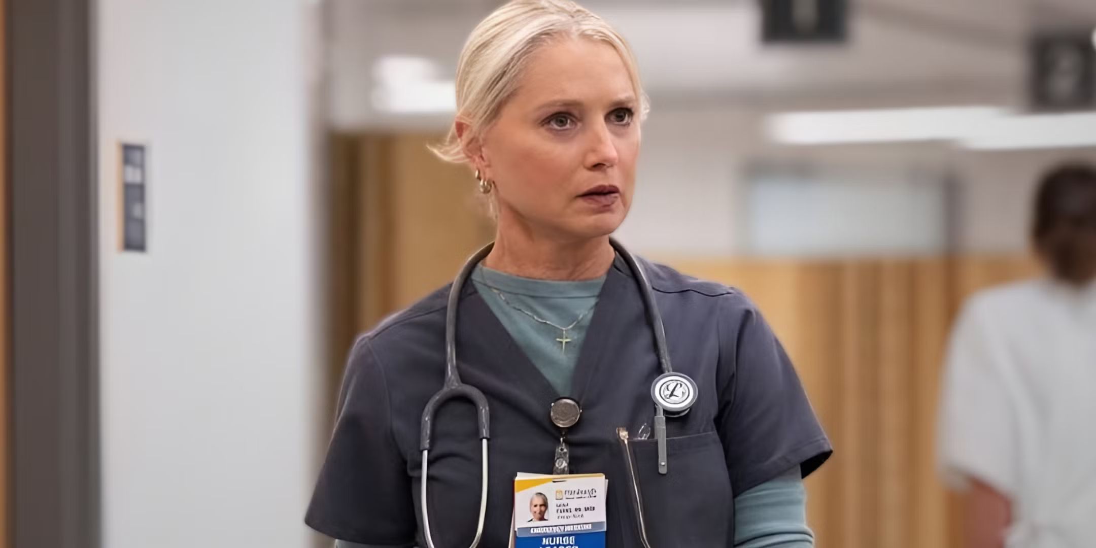 katherine lanasa from the pitt looking shocked in the hospital fz