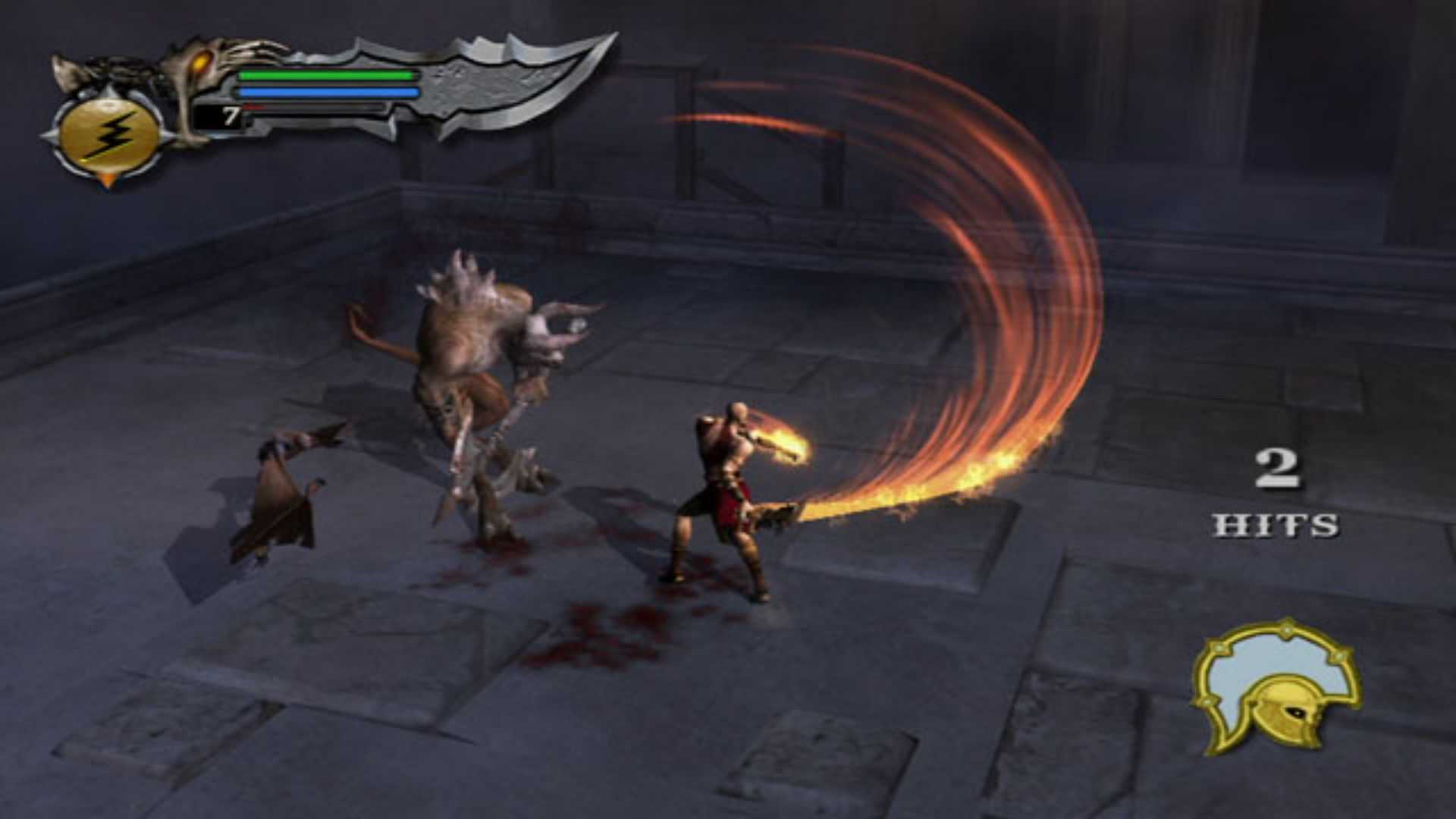 kratos fighting a minotaur with his blades god of war 1