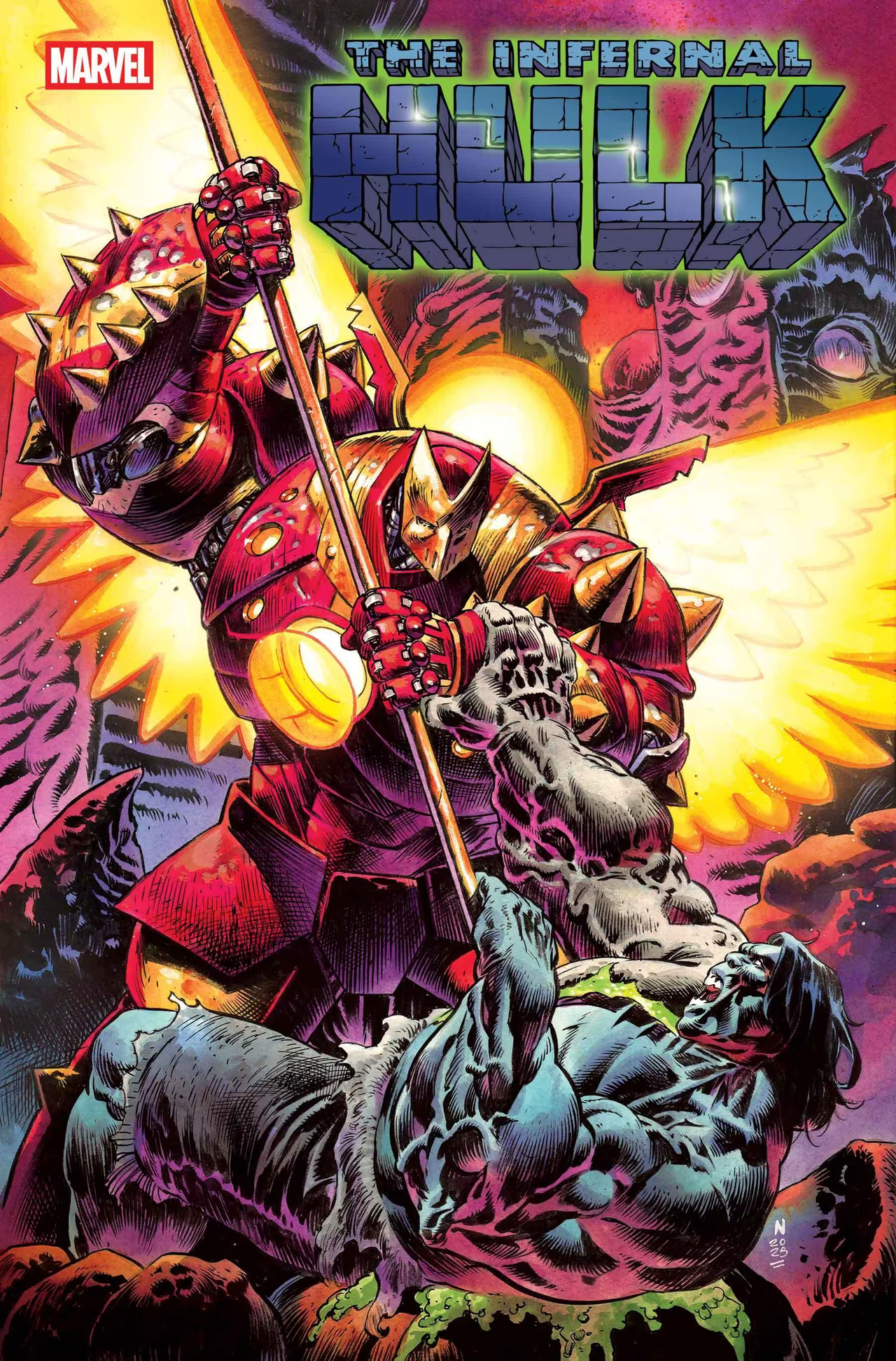 marvel comic s the infernal hulk 6 iron man in a new suit of armor pinning down the hulk with a spear pole