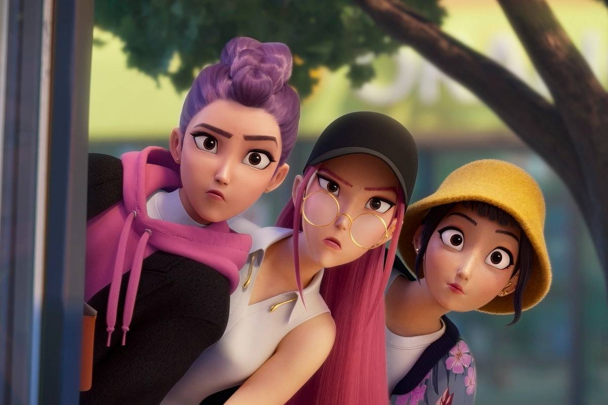 rumi mira and zoey peeking around a building in kpop demon hunters 1