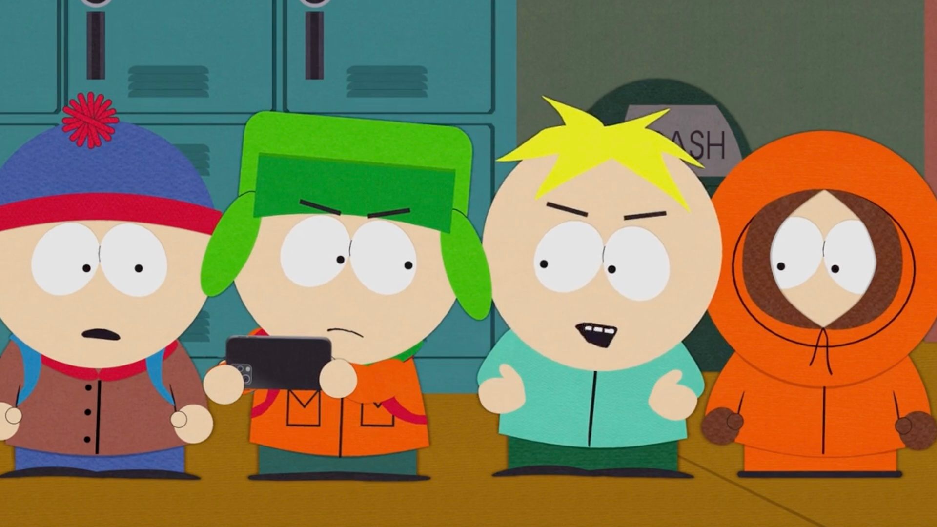 stan kyle kenny and butters look at a phone in south park season 28 fz