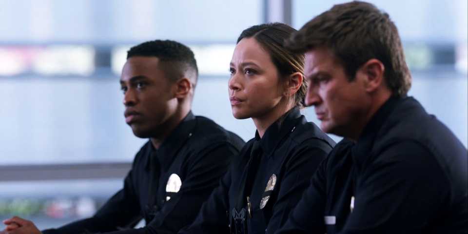 titus makin jr as jackson west melissa o neil as lucy chen and nathan fillion as john nolan in the rookie season 1 episode 16