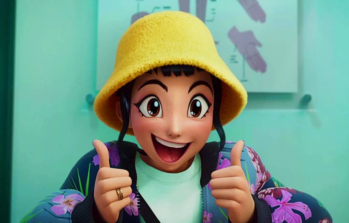 zoey smiling widely and giving two thumbs up in kpop demon hunters 1